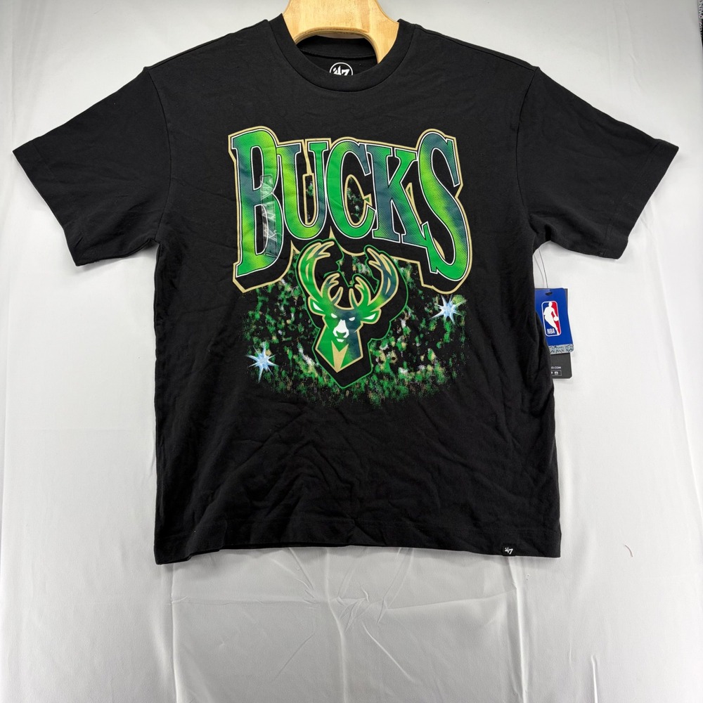 47 Brand Milwaukee Bucks NBA Black Graphic T-Shirt Mens Large New